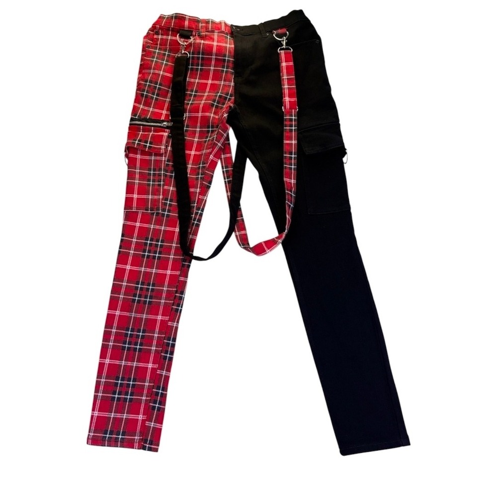 Hot Topic HT Denim Stinger Split Leg Plaid Bondage Cargo Pants 36x30 Scene Punk